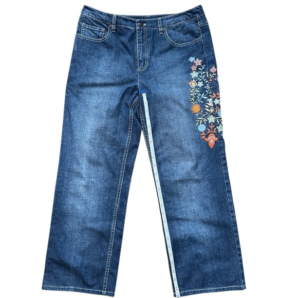 Talbots 5 Pocket Blue Denim Floral Embroidered Wide Leg Jeans 10 - Picture 4 of 10